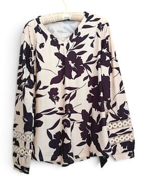 Rapbin Long Sleeve Floral Tee, Beige and Black crochet bell sleeves boho soft lg